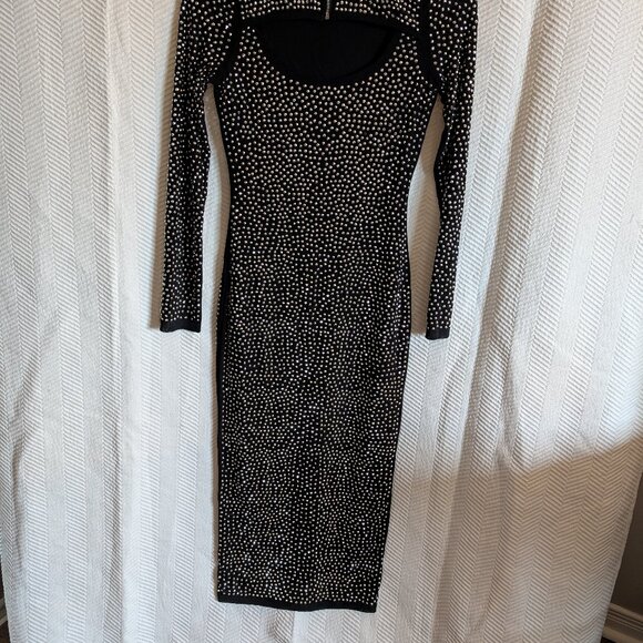 Banjul Black Rhinestone Beaded Long Sleeve Bedazzled Bodycon Midi Dress Medium - Picture 3 of 16